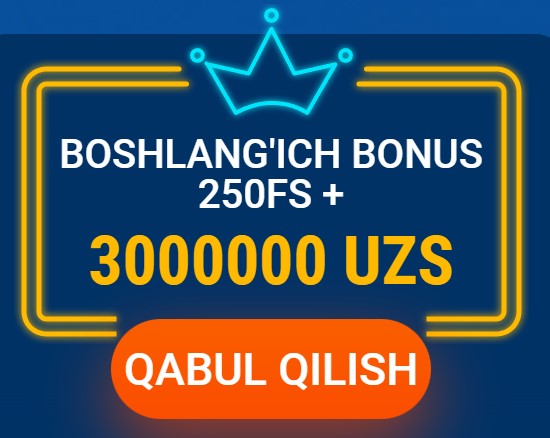 Yangi o'yinchilar uchun 3,000,000 UZS depozit bonusi va 250 pulsiz aylanish taklif qiluvchi, diqqatni tortuvchi banner.