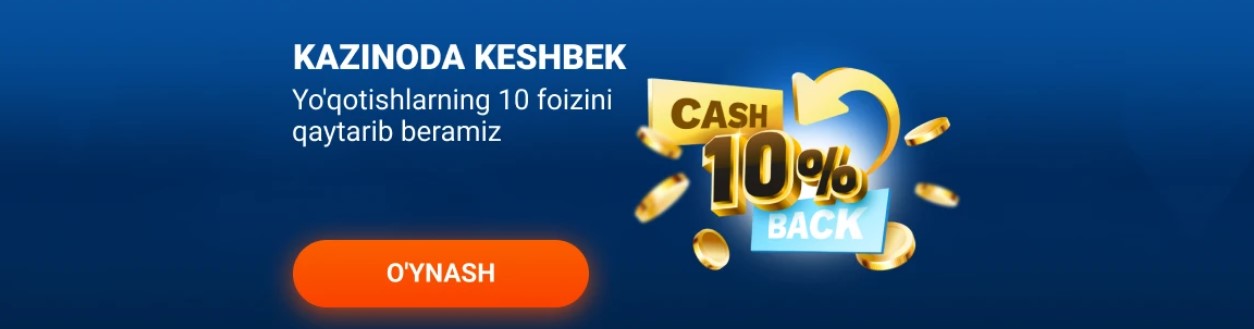 O'yinchilarga taklif qilinayotgan 10% Cashback taklifi bilan diqqatni tortuvchi, jozibador va qimmatli banner.