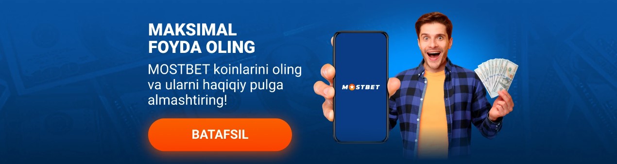 O'yinchilarning Mostbet tangalarini real pulga almashtirish imkonini ta'kidlovchi, ma'lumotli va raqobatbardosh banner.